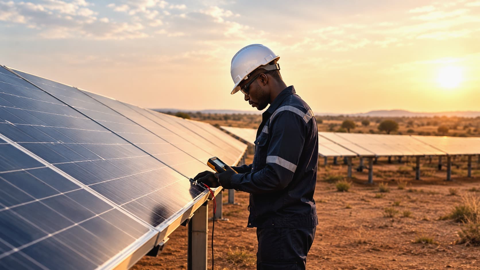 Technicien inspectant une installation solaire photovoltaïque